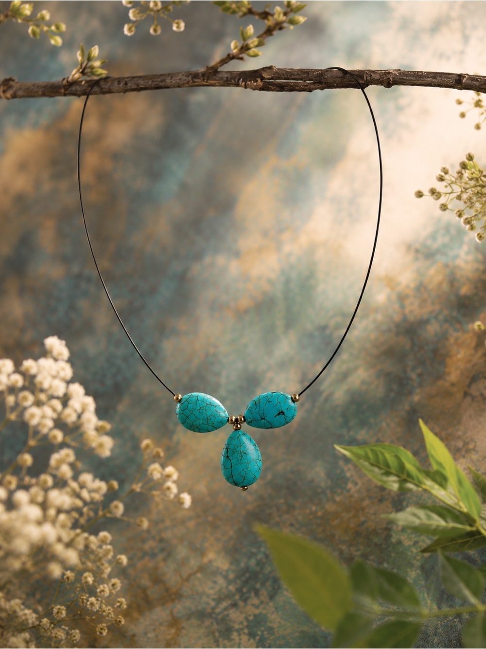 Turquoise Teardrop Necklace Silver Tone Boho Artisan Pendant